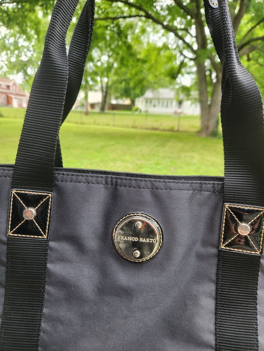 Franco Sarto Black Nylon Tote with Metal Logo Accent Zipper Closure Preloved - Picture 5 of 11